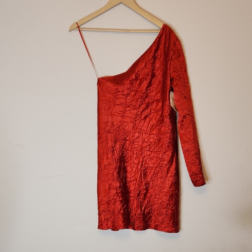 NWT THIRD FORM x FP Red Crinkle Satin Running Water One Shoulder Mini Dress, US4 - Picture 3 of 12